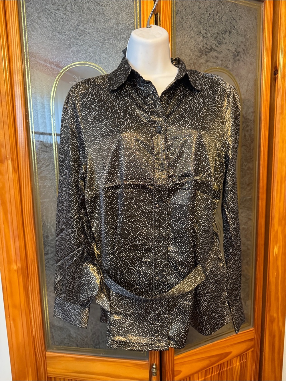 Antilia Femme Black Satin Button-Down Blouse with White Dot Pattern